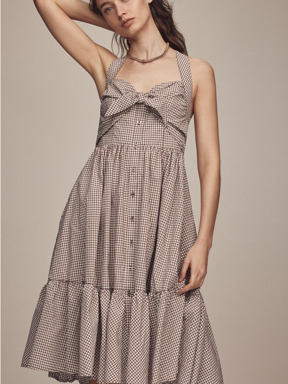 Maeve Halter Bow Front Midi Dress Gingham